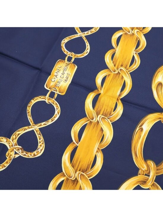 Chanel Cambon Line Chain Belt Pattern Vintage Silk Scarf Navy Gold main image 6